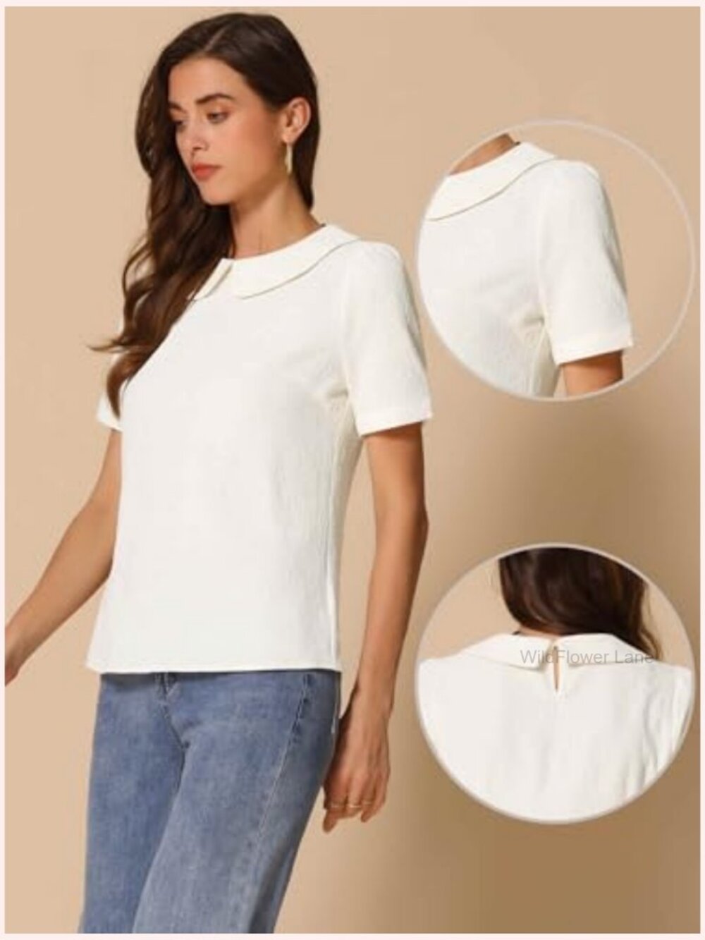 Peter Pan Collar Blouse with Puff Short Sleeve Floral Jacquard Kawaii Top - Picture 4 of 5